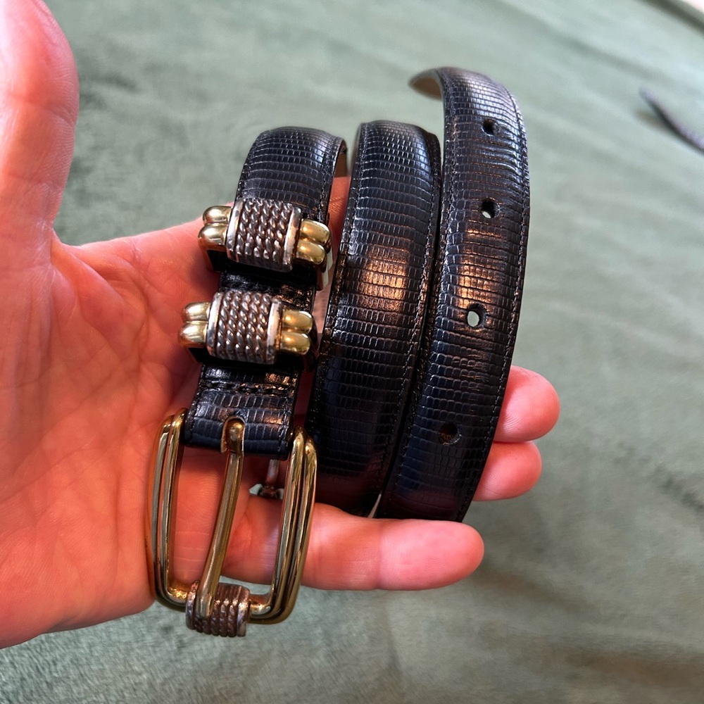 Brighton Classics Snake Print Black Leather Belt Silver And Gold 4B614 Size 32
